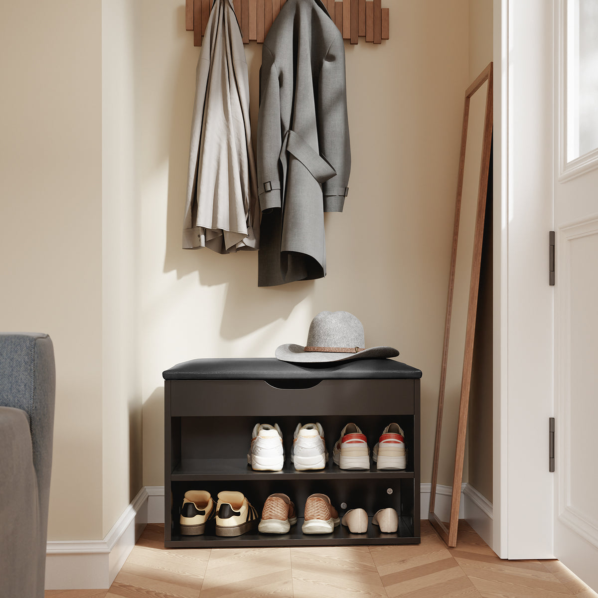 SoBuy FSR25-SCH, Shoe Storage Bench with Padded Seat, Narrow Shoe Rack Organiser for Hallway, Entryway Bench with 2 Tiers & Hidden Storage, Compact Wooden Furniture, 60x30x48cm, Black