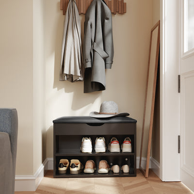 Pre-sale SoBuy FSR25-SCH, Shoe Storage Bench with Padded Seat, Narrow Shoe Rack Organiser for Hallway, Entryway Bench with 2 Tiers & Hidden Storage, Compact Wooden Furniture, 60x30x48cm, Black