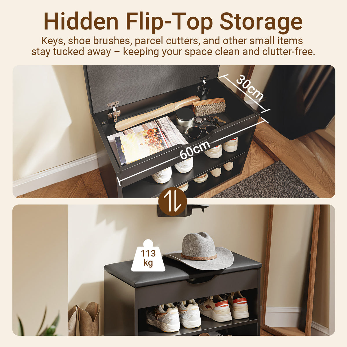 Pre-sale SoBuy FSR25-SCH, Shoe Storage Bench with Padded Seat, Narrow Shoe Rack Organiser for Hallway, Entryway Bench with 2 Tiers & Hidden Storage, Compact Wooden Furniture, 60x30x48cm, Black