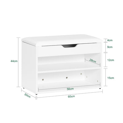 SoBuy FSR25-W, Shoe Storage Bench Shoe Rack with Seat - Padded Folding Cushion, Hallway Storage Unit with 2 Tiers, White, 60x30x48cm, Max Load 150kg