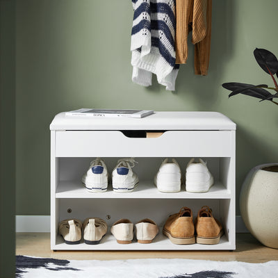SoBuy FSR25-W, Shoe Storage Bench Shoe Rack with Seat - Padded Folding Cushion, Hallway Storage Unit with 2 Tiers, White, 60x30x48cm, Max Load 150kg