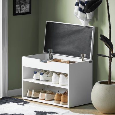 SoBuy FSR25-W, Shoe Storage Bench Shoe Rack with Seat - Padded Folding Cushion, Hallway Storage Unit with 2 Tiers, White, 60x30x48cm, Max Load 150kg