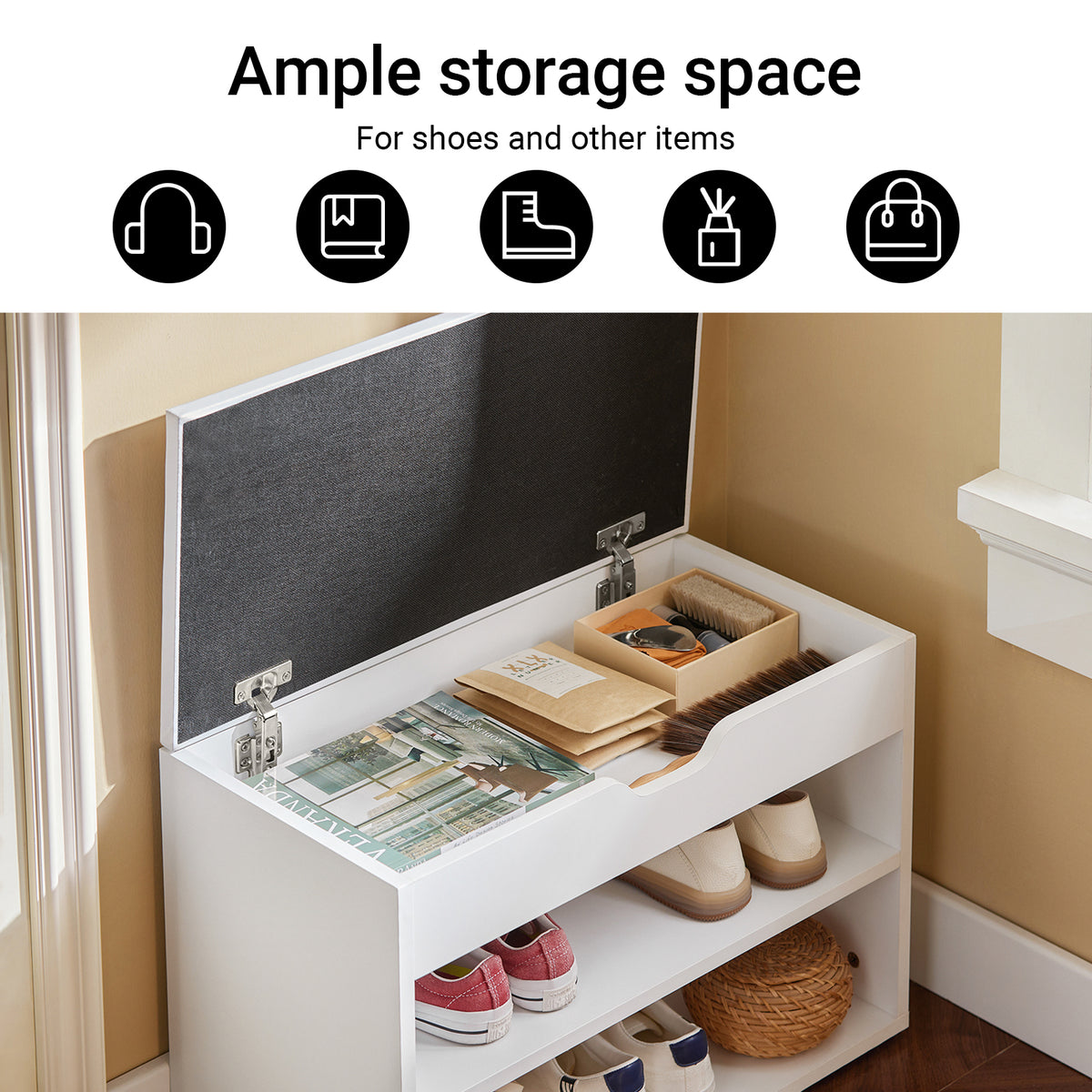 SoBuy FSR25-W, Shoe Storage Bench Shoe Rack with Seat - Padded Folding Cushion, Hallway Storage Unit with 2 Tiers, White, 60x30x48cm, Max Load 150kg