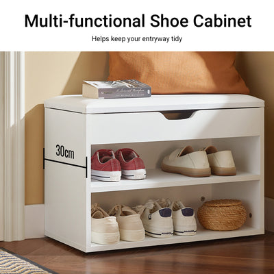 SoBuy FSR25-W, Shoe Storage Bench Shoe Rack with Seat - Padded Folding Cushion, Hallway Storage Unit with 2 Tiers, White, 60x30x48cm, Max Load 150kg