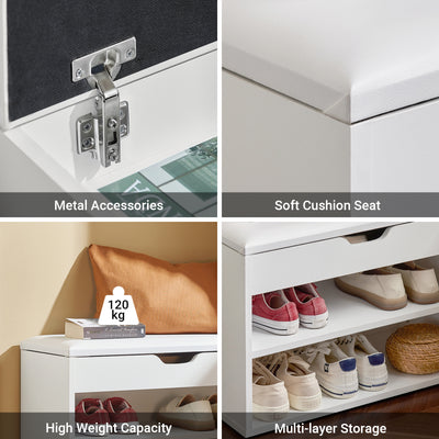 SoBuy FSR25-W, Shoe Storage Bench Shoe Rack with Seat - Padded Folding Cushion, Hallway Storage Unit with 2 Tiers, White, 60x30x48cm, Max Load 150kg