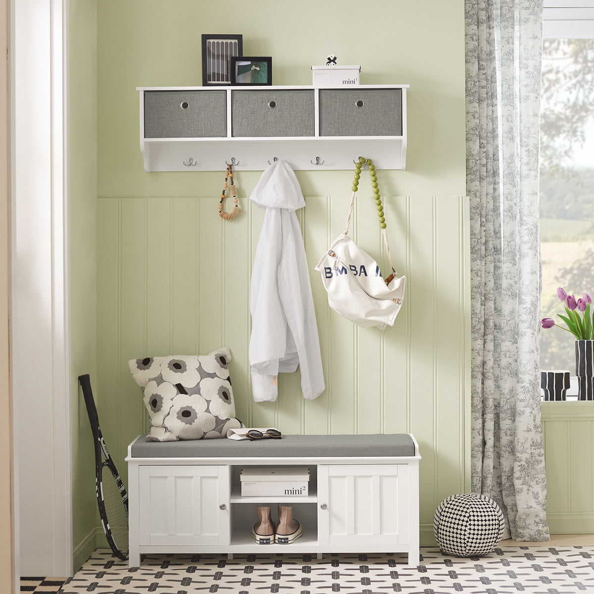 SoBuy FSR35-W, Storage Bench with 2 Doors & Removable Seat Cushion, Shoe Cabinet Shoe Bench, White