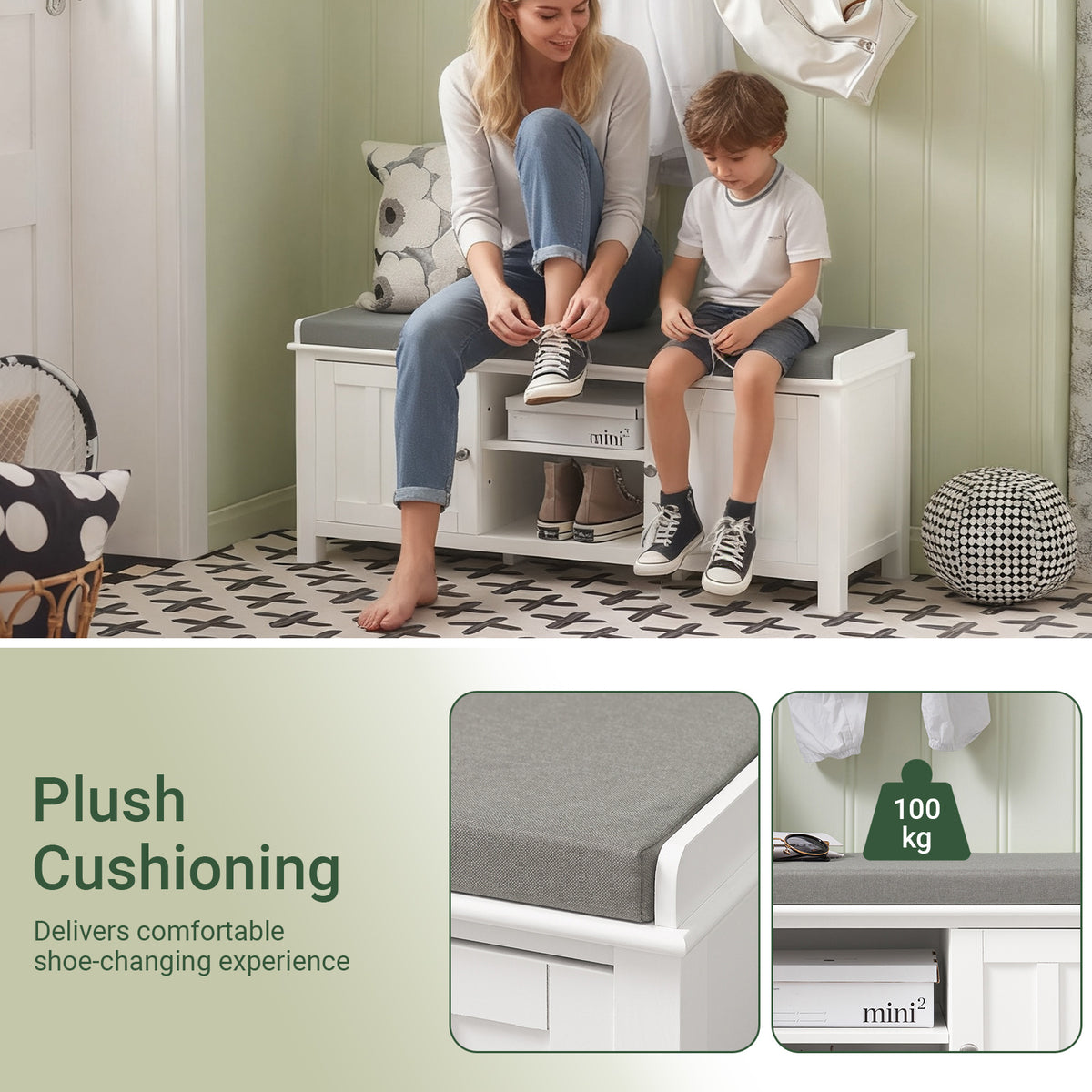 SoBuy FSR35-W, Storage Bench with 2 Doors & Removable Seat Cushion, Shoe Cabinet Shoe Bench, White