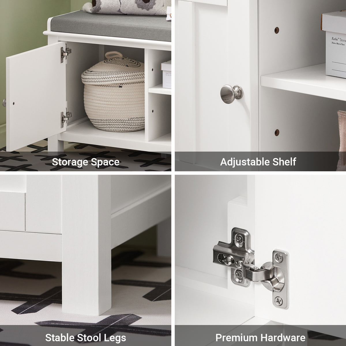 SoBuy FSR35-W, Storage Bench with 2 Doors & Removable Seat Cushion, Shoe Cabinet Shoe Bench, White