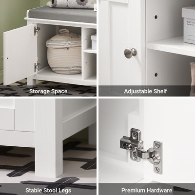 SoBuy FSR35-W, Storage Bench with 2 Doors & Removable Seat Cushion, Shoe Cabinet Shoe Bench, White