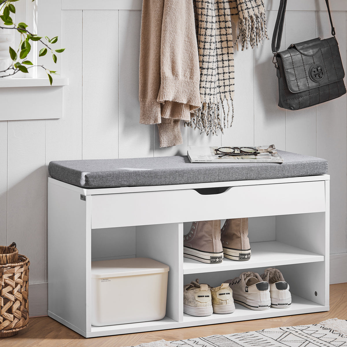 SoBuy FSR45-HG, Shoe Storage Cabinet Shoe Rack Shoe Bench with Lift Up Bench Top and Seat Cushion, Grey