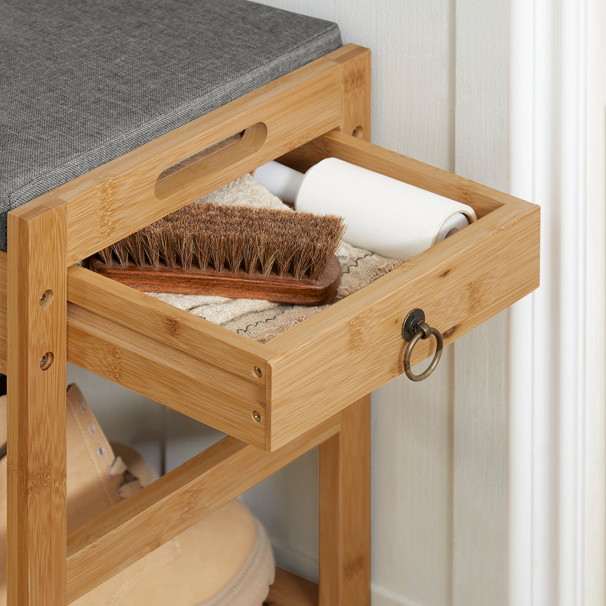 SoBuy FSR47-N, Bamboo Shoe Rack Shoe Bench with Seat Cushion, Hallway Shoe Storage Bench Organizer, Wood