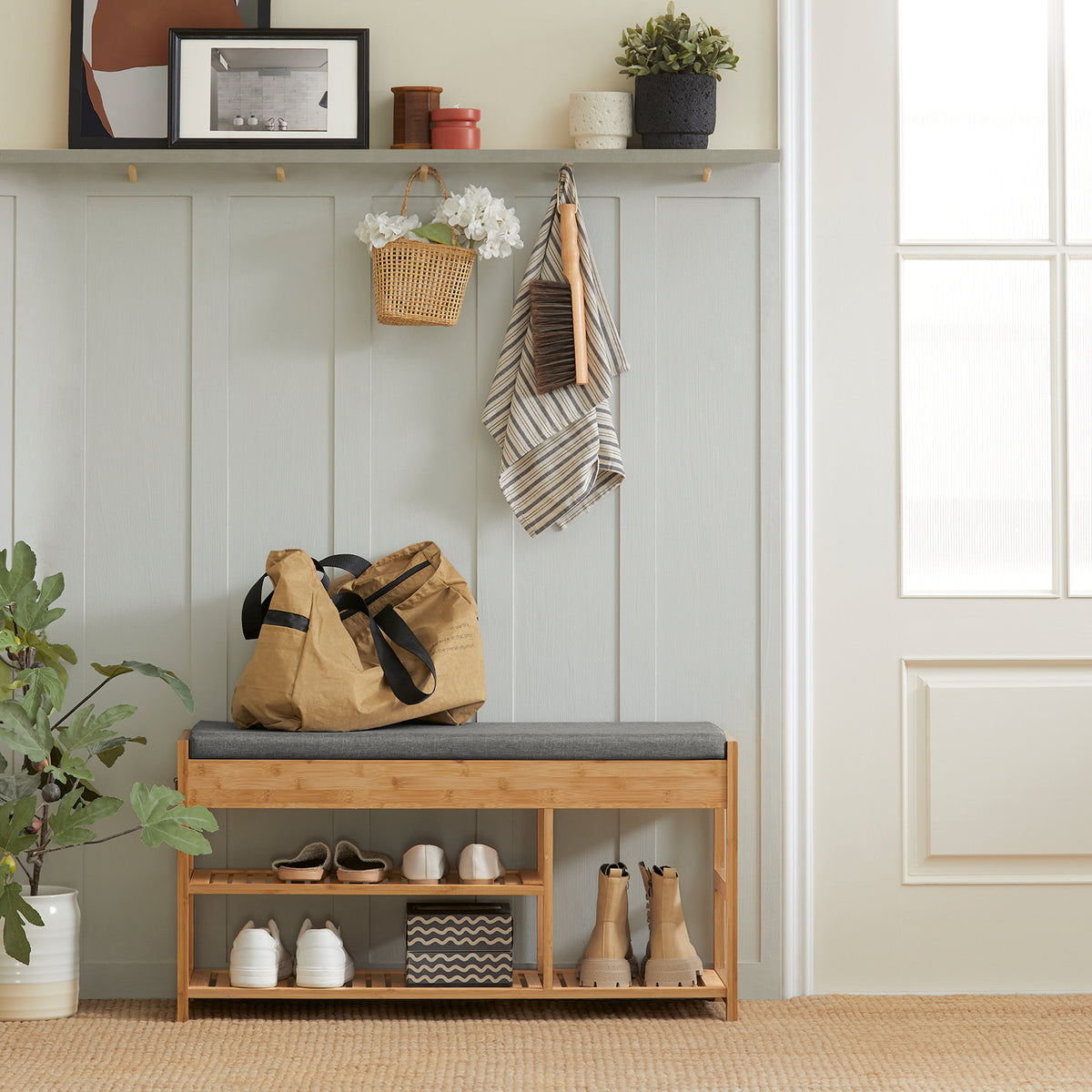 SoBuy FSR47-N, Bamboo Shoe Rack Shoe Bench with Seat Cushion, Hallway Shoe Storage Bench Organizer, Wood
