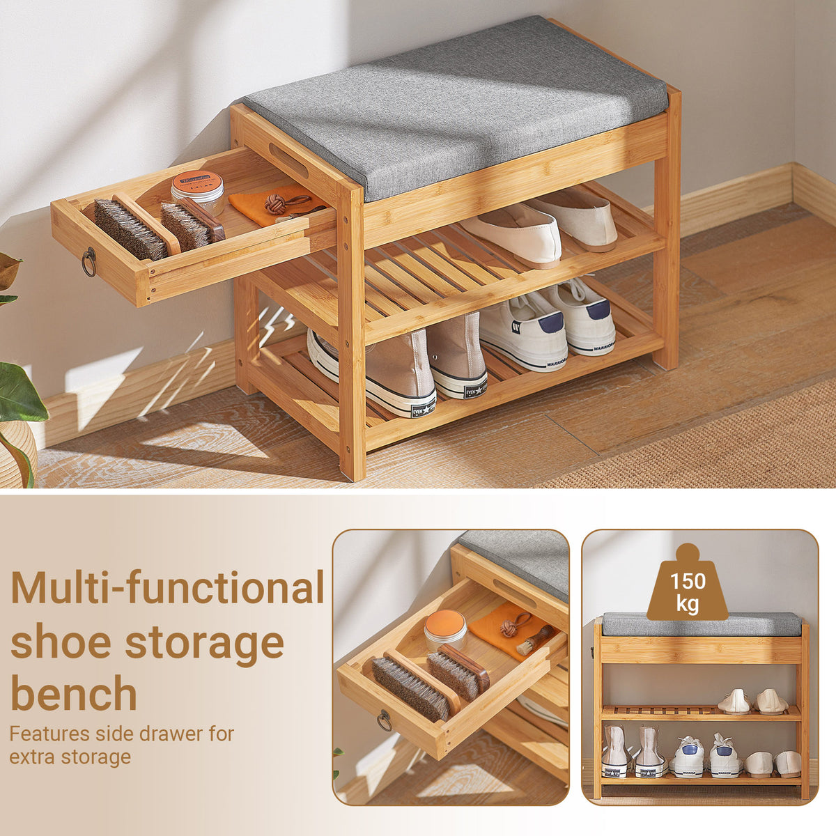 SoBuy FSR49-N bamboo shoe bench 2-tier shelves and side drawer feature