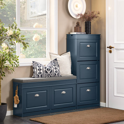 Wide blue shoe storage bench 104cm in hallway entrance.