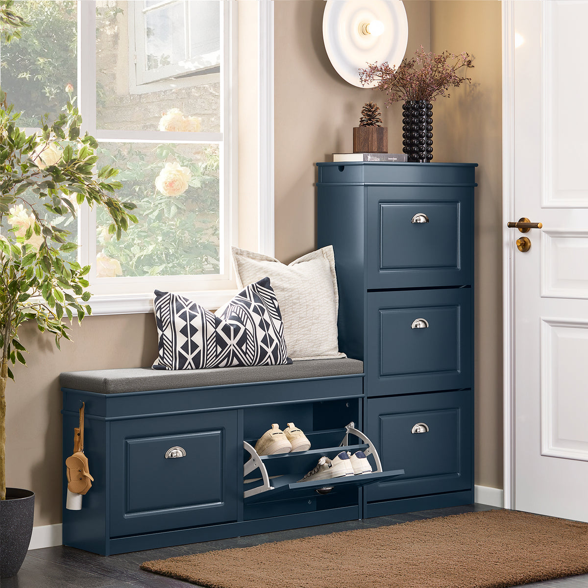 SoBuy FSR64-B blue shoe bench styled in modern hallway with coat rack.