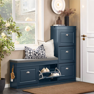SoBuy FSR64-B blue shoe bench styled in modern hallway with coat rack.