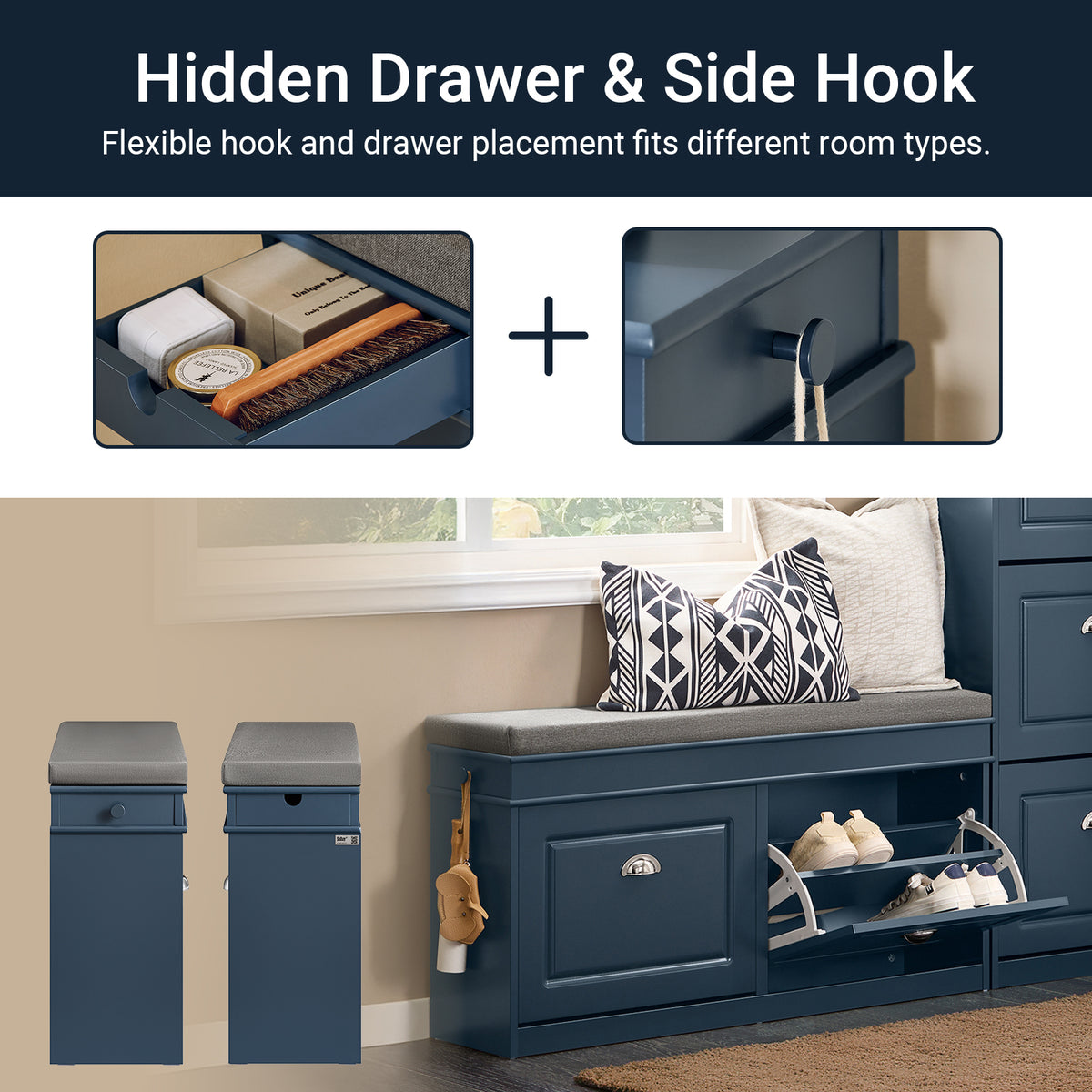 Built-in drawer for shoe polish, keys, or slippers, plus a hook for umbrella or bag.