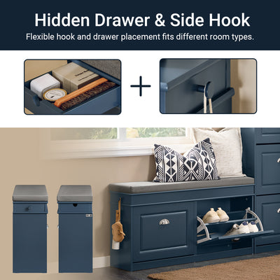 Built-in drawer for shoe polish, keys, or slippers, plus a hook for umbrella or bag.