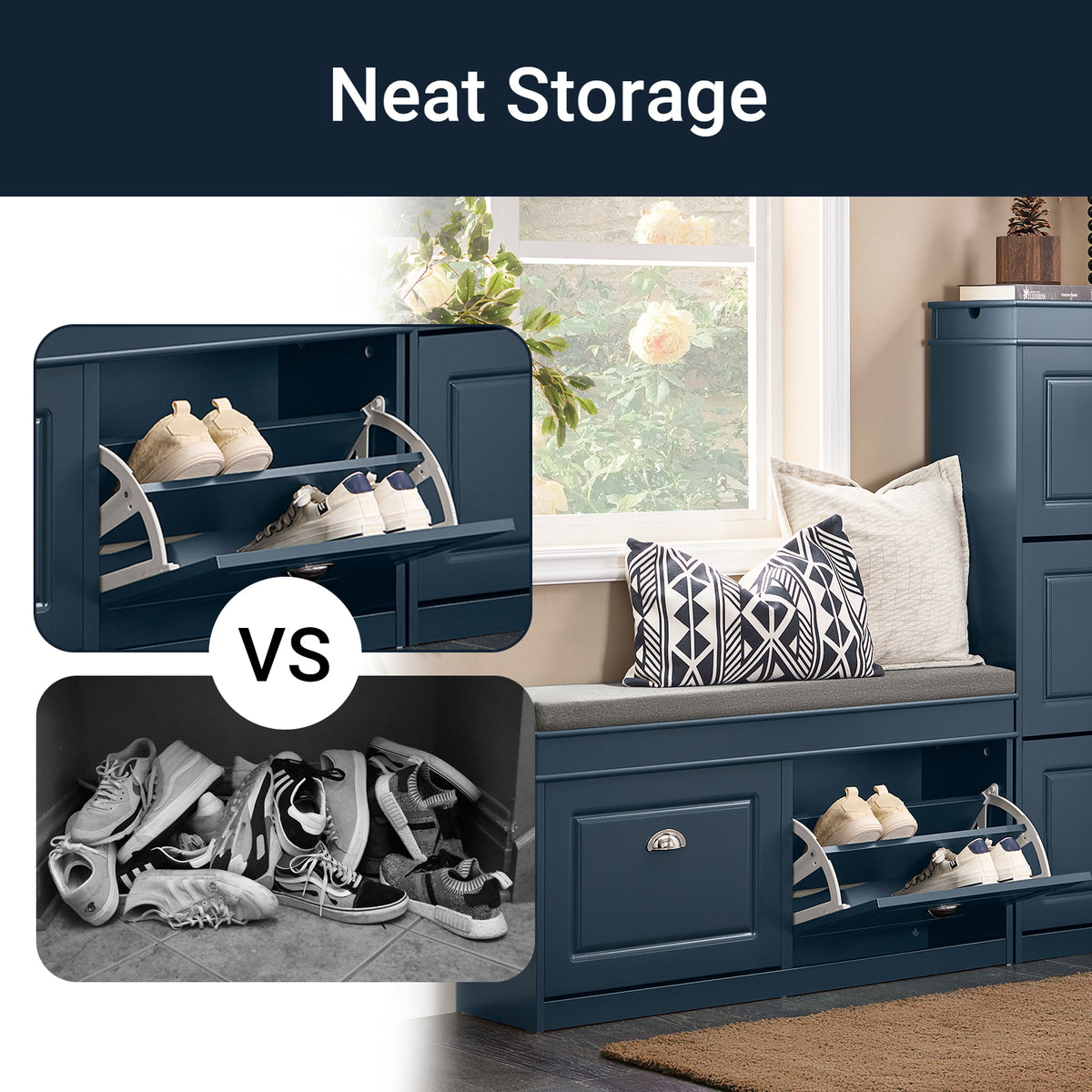 With this shoe bench storing up to 8 pairs, your entryway stays tidy and clutter-free.