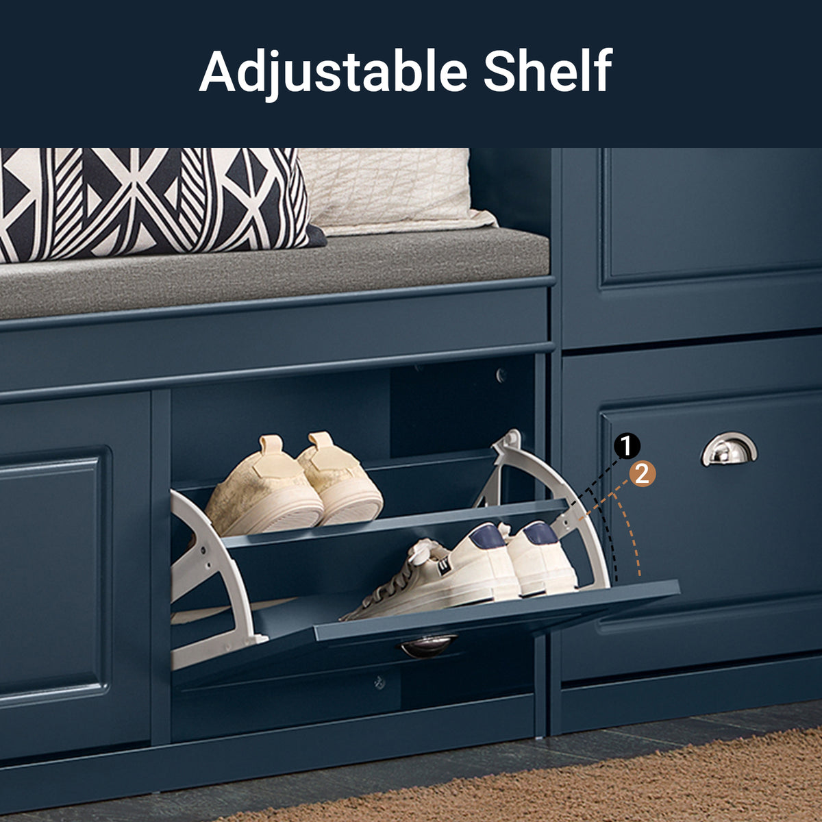 Flip drawer open on blue shoe bench showing 2-tier internal shoe rack.