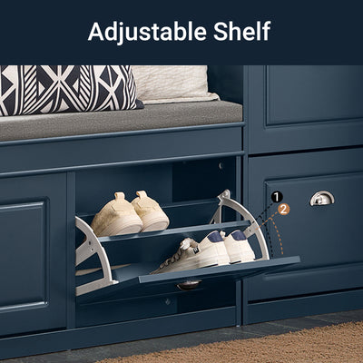 Flip drawer open on blue shoe bench showing 2-tier internal shoe rack.