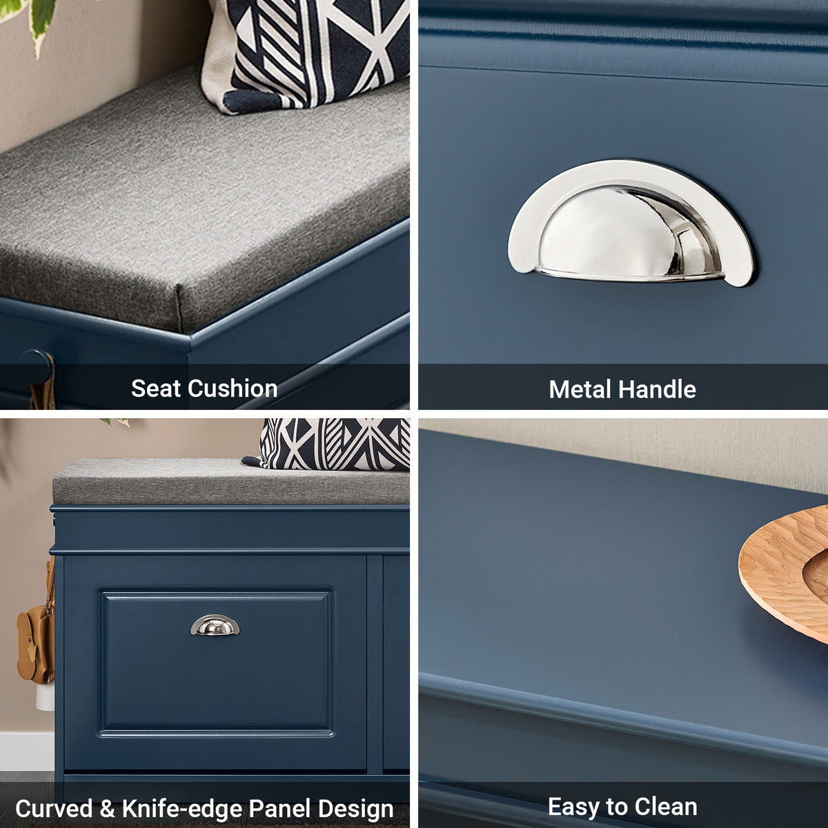 The sleek blue finish and padded cushion seat add a touch of elegance to any hallway bench setup.