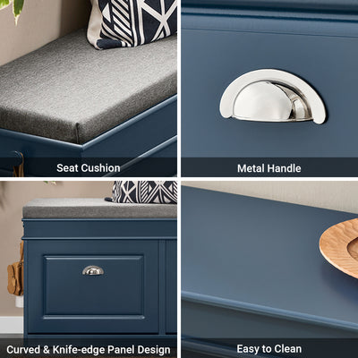 The sleek blue finish and padded cushion seat add a touch of elegance to any hallway bench setup.