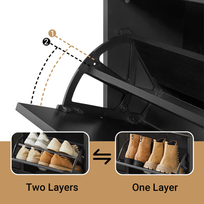 SoBuy FSR64-SCH flip drawer mechanism showing two-layer and one-layer adjustable shoe rack configuration for trainers and boots