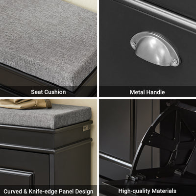 SoBuy FSR64-SCH detail close-up showing grey linen seat cushion, metal cup handle, curved panel design and flip drawer hinge mechanism