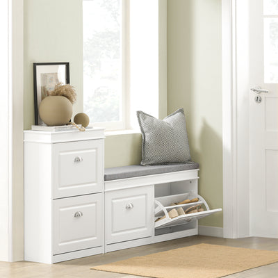 SoBuy FSR64-W white shoe bench styled in bright modern hallway