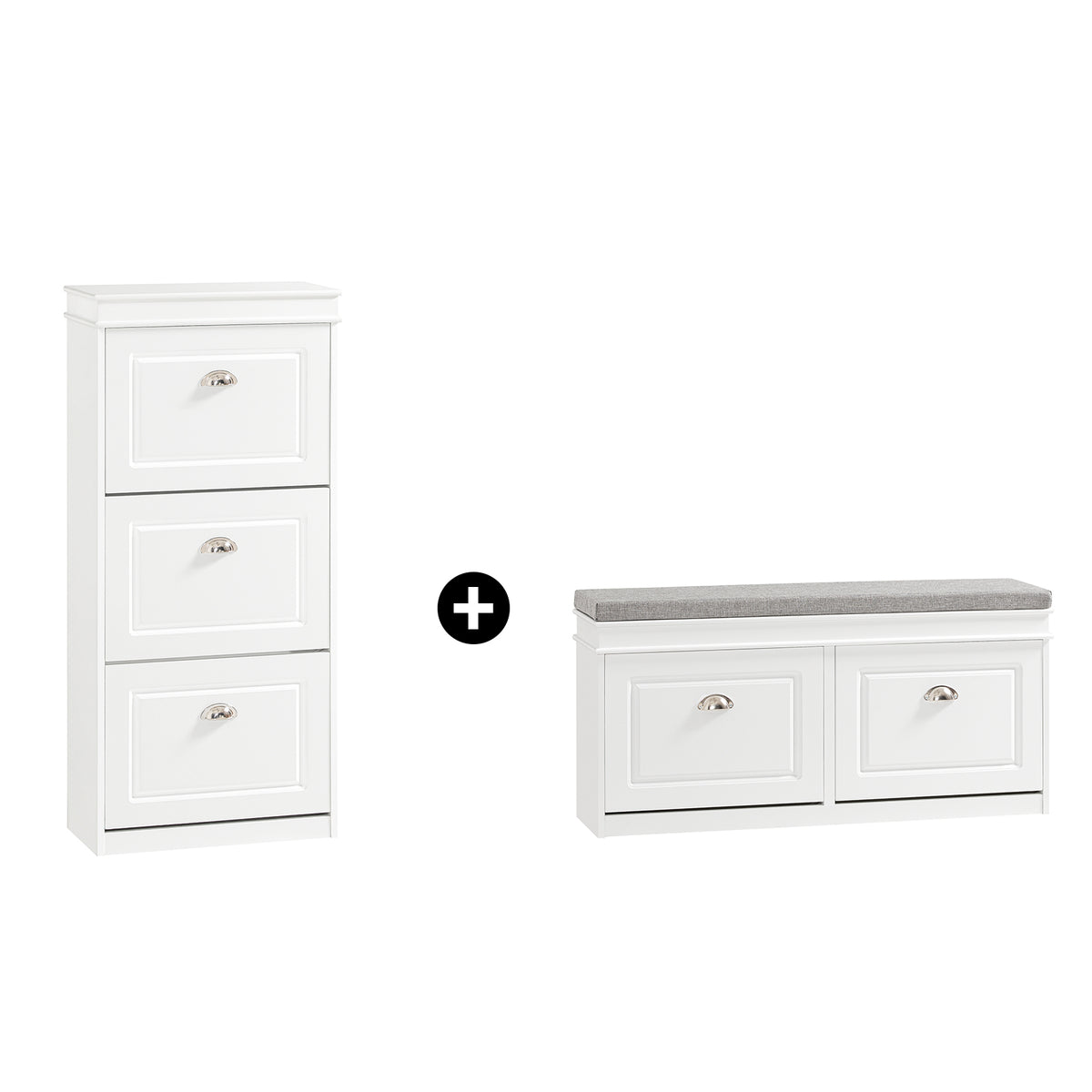 SoBuy FSR64-W+FSR94-W, Shoe Bench + Shoe Cabinet With Flip Drawers, 24cm Depth White Hallway Set