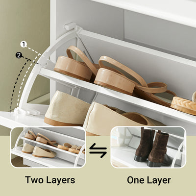 flip drawer open on white shoe bench showing 2-tier internal shoe rack