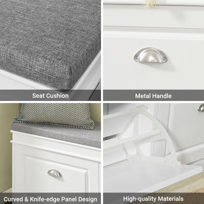 The sleek white finish and padded cushion seat add a touch of elegance to any hallway bench setup.
