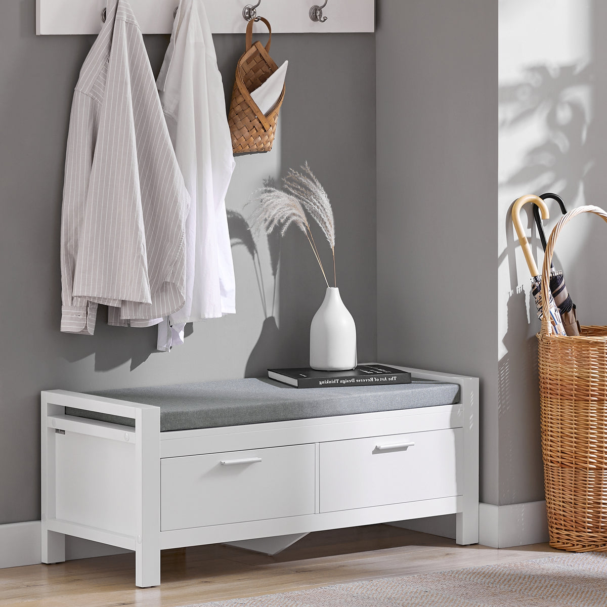 SoBuy FSR74-W, 2 Drawers Shoe Rack Hallway Storage Bench with Seat Cushion, White