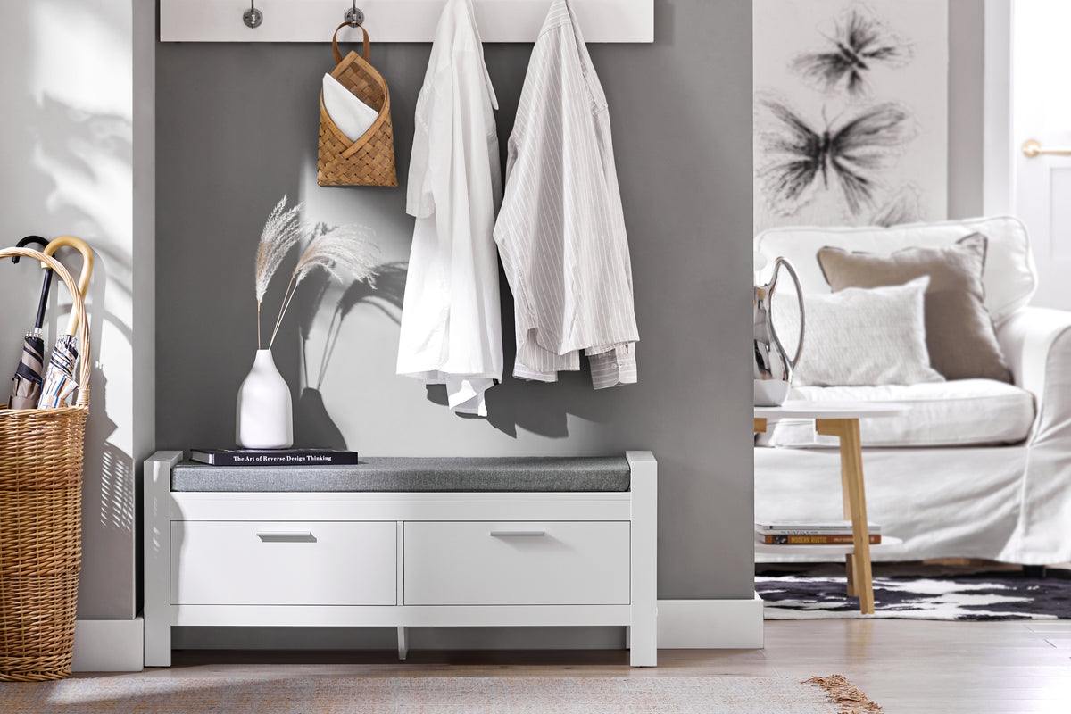 SoBuy FSR74-W, 2 Drawers Shoe Rack Hallway Storage Bench with Seat Cushion, White