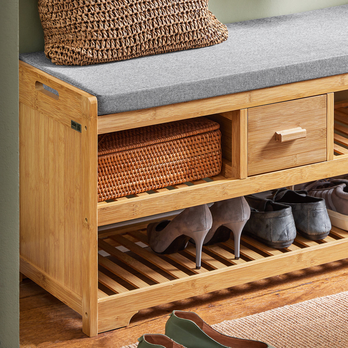 SoBuy FSR75-N, Bamboo 2 Tiers Shoe Rack Hallway Storage Bench with Seat Cushion, Wood