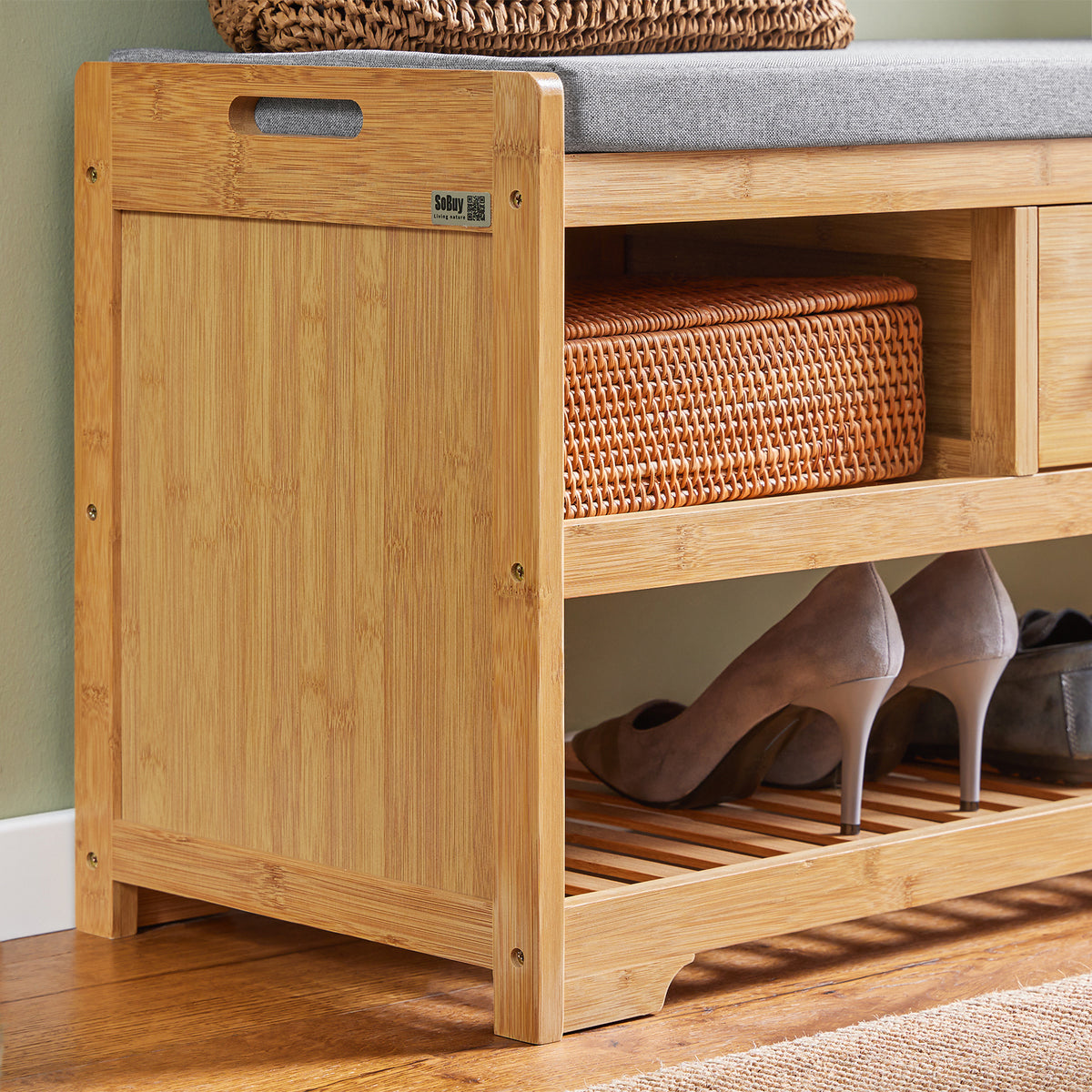 SoBuy FSR75-N, Bamboo 2 Tiers Shoe Rack Hallway Storage Bench with Seat Cushion, Wood