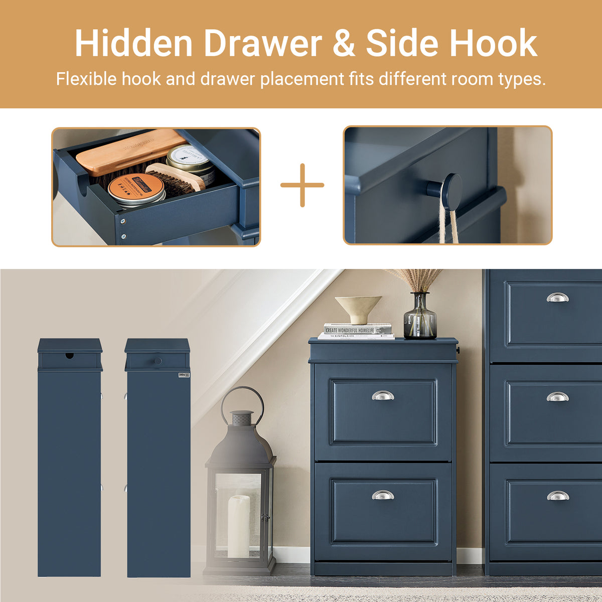 Side drawer for your daily essentials and side hook for umbrella or bag — a clutter-free hallway with everything at your fingertips.