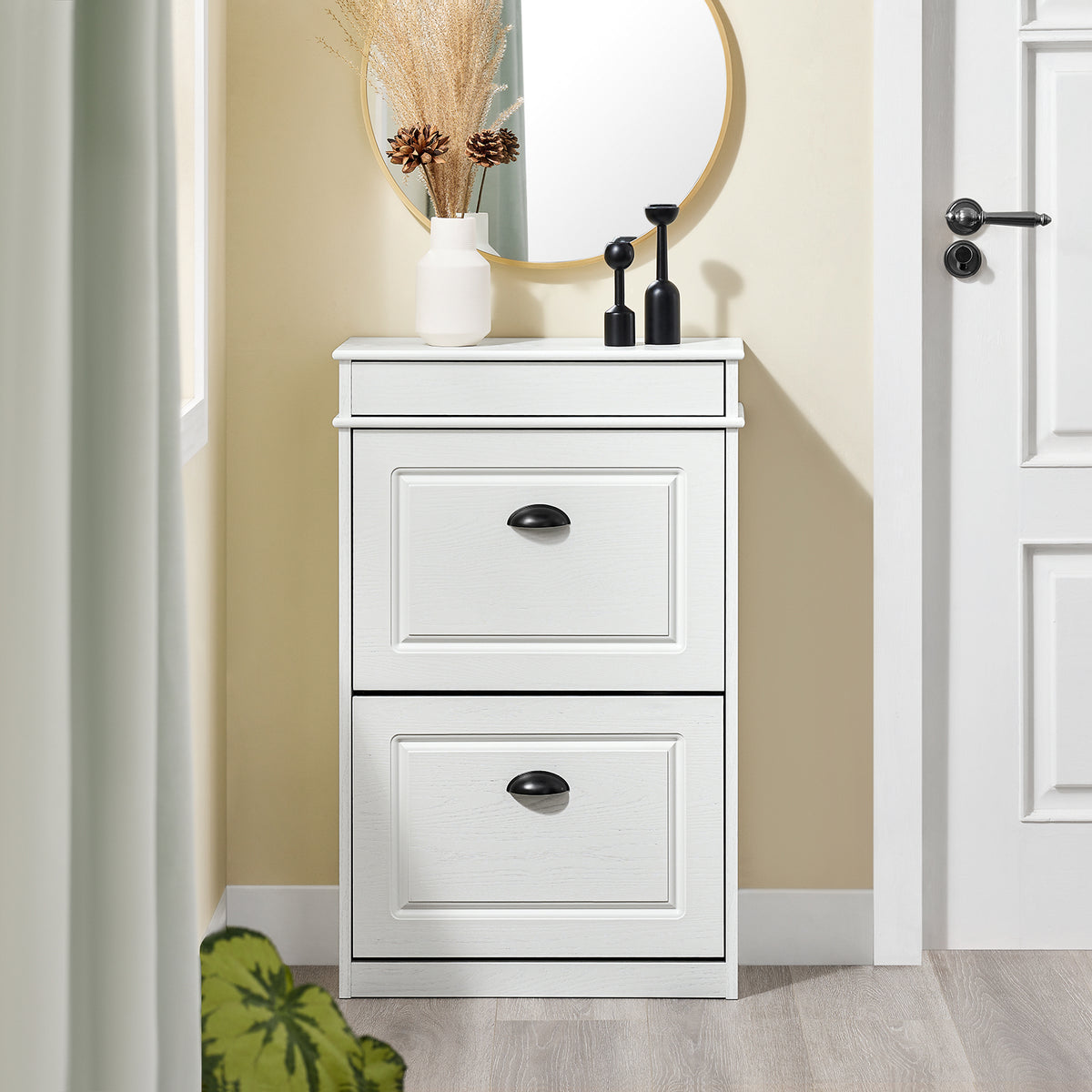 SoBuy FSR78-WG, Shoe Rack Cabinet with 2 Flip Drawers, Slim Shoe Storage Cabinet Hallway, Entryway, Corridor, Small Spaces, MDF Wooden Cupboard, White Vintage Wood Grain Effect, 54x24x82cm