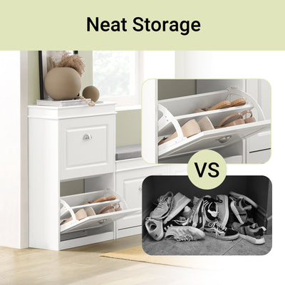 SoBuy FSR82-L-W+FSR78-W, Shoe Bench + Shoe Cabinet With Flip Drawers, 24cm Depth White Hallway Set