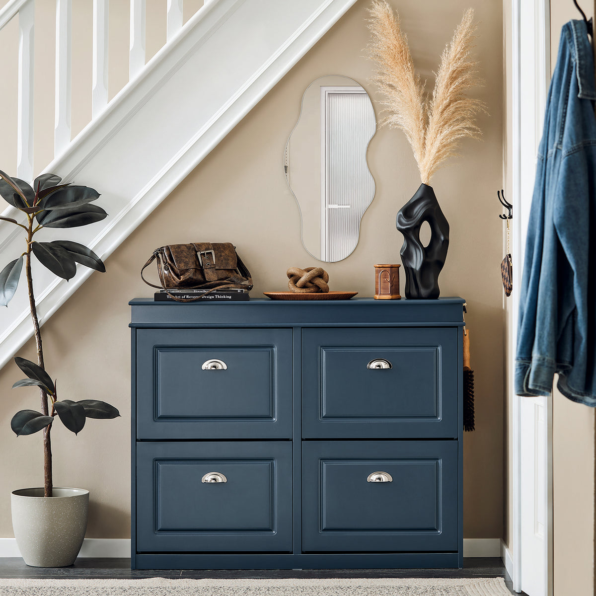 blue wide shoe storage unit in hallway entryway 104cm