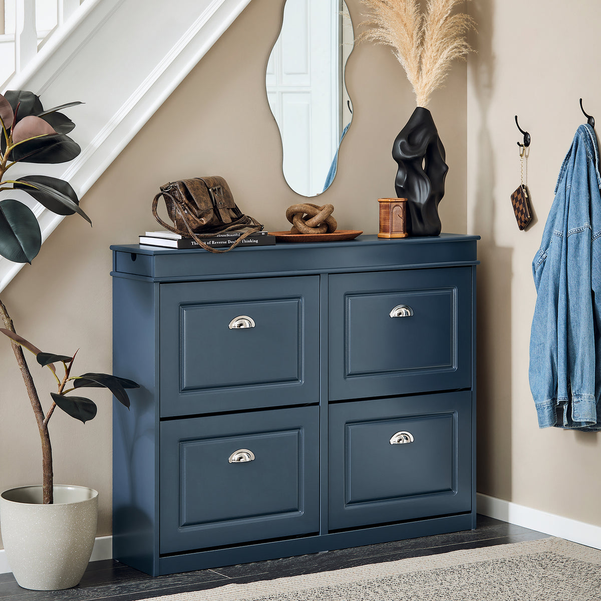 slim blue shoe cupboard 24cm deep in narrow corridor