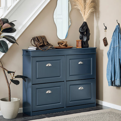 slim blue shoe cupboard 24cm deep in narrow corridor