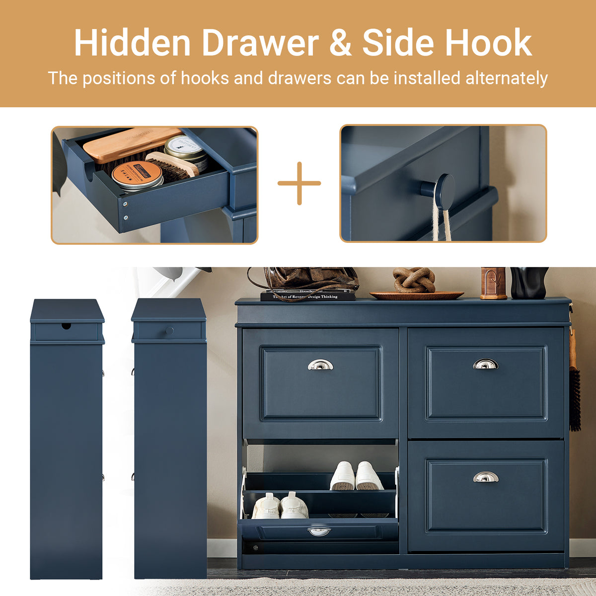Built-in drawer for shoe polish, keys, or slippers, plus a hook for umbrella or bag