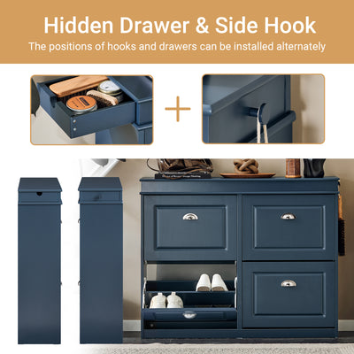 Built-in drawer for shoe polish, keys, or slippers, plus a hook for umbrella or bag