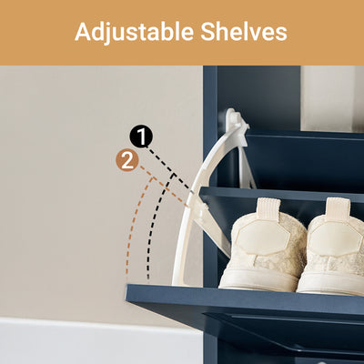 flip drawer open on blue shoe cabinet showing 2-tier internal rack