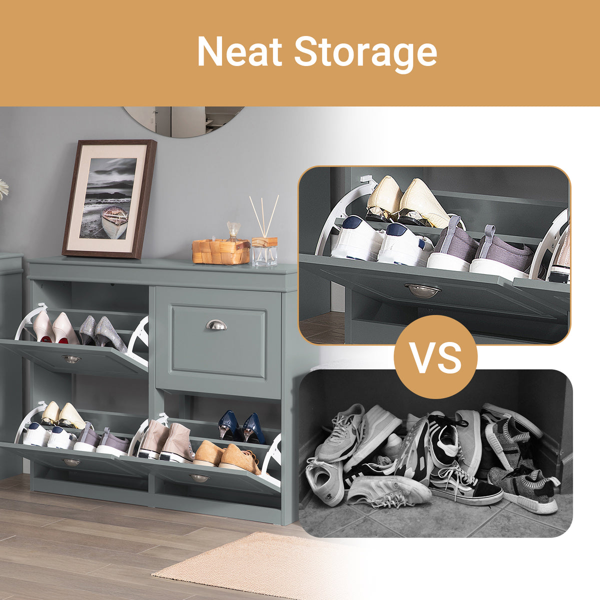 SoBuy FSR64-HG+FSR79-HG, Shoe Bench + Shoe Cabinet With Flip Drawers, 24cm Depth Grey Hallway Set