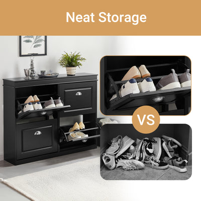SoBuy FSR79-SCH, Shoe Rack Cabinet with 4 Flip Drawers, Slim Shoe Storage Unit for Hallway, Entryway, Corridor, Small Spaces, MDF Wooden Cupboard, Black 105x24x82cm