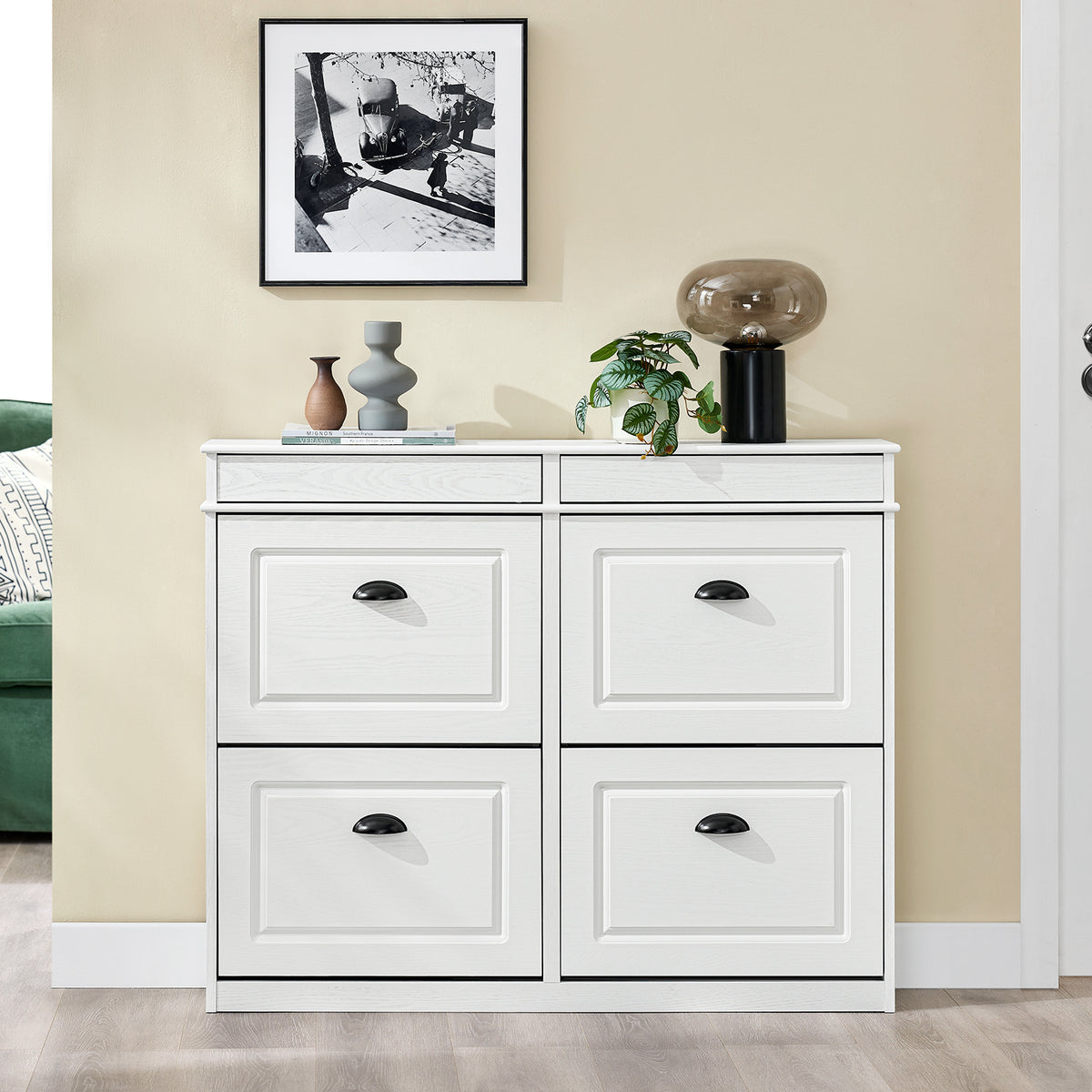 Pre-sale SoBuy FSR79-WG, Shoe Rack Cabinet with 4 Flip Drawers, Slim Shoe Storage Cabinet Hallway, Entryway, Corridor, Small Spaces, MDF Wooden Cupboard, White Vintage Wood Grain Effect, 103x23x82cm