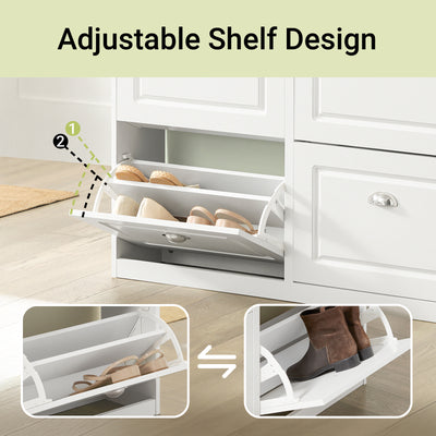 flip drawer open on white shoe cabinet showing 2-tier internal rack